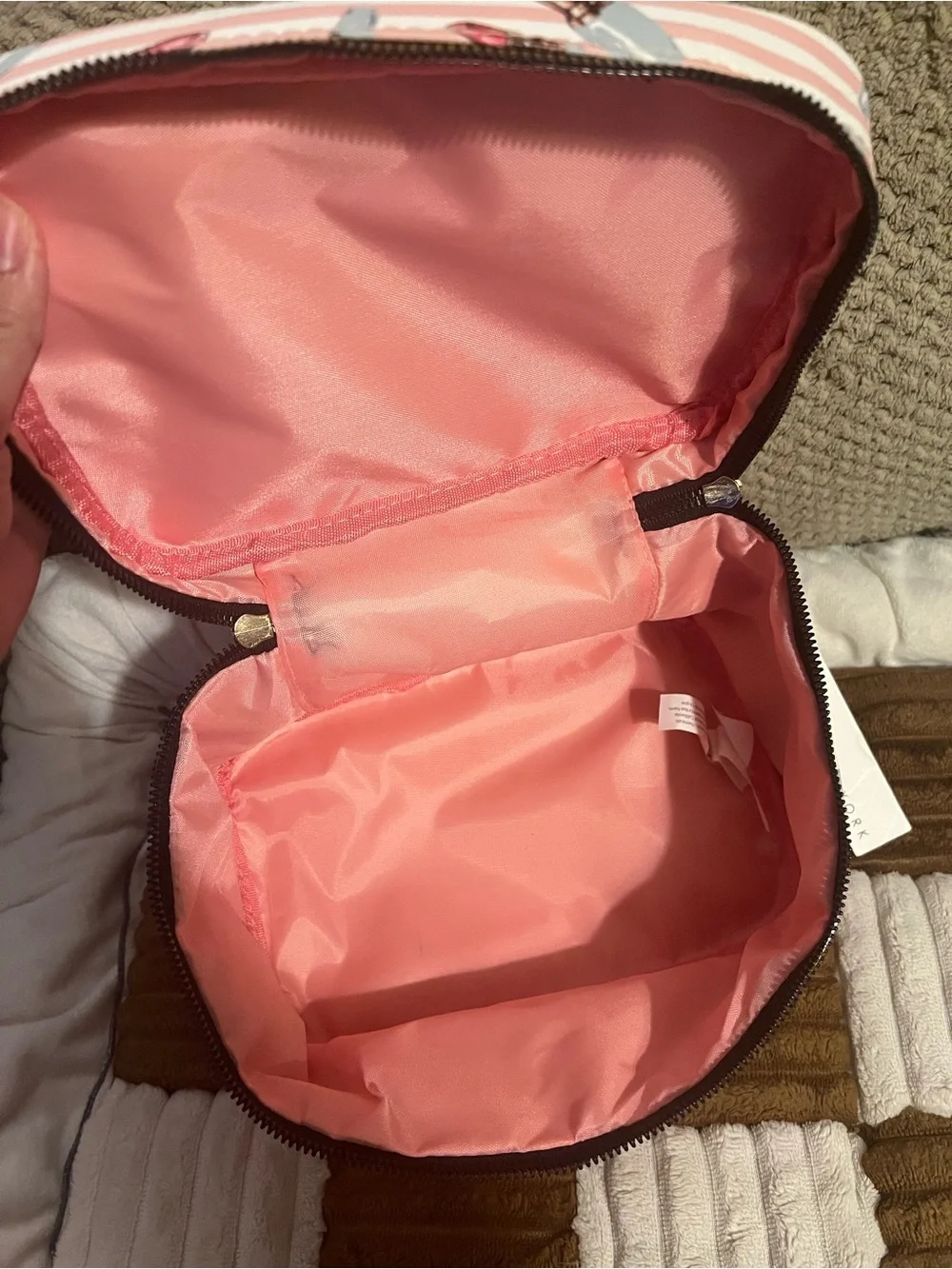 Pink Striped Cosmetic Train Case with Lipstick Print